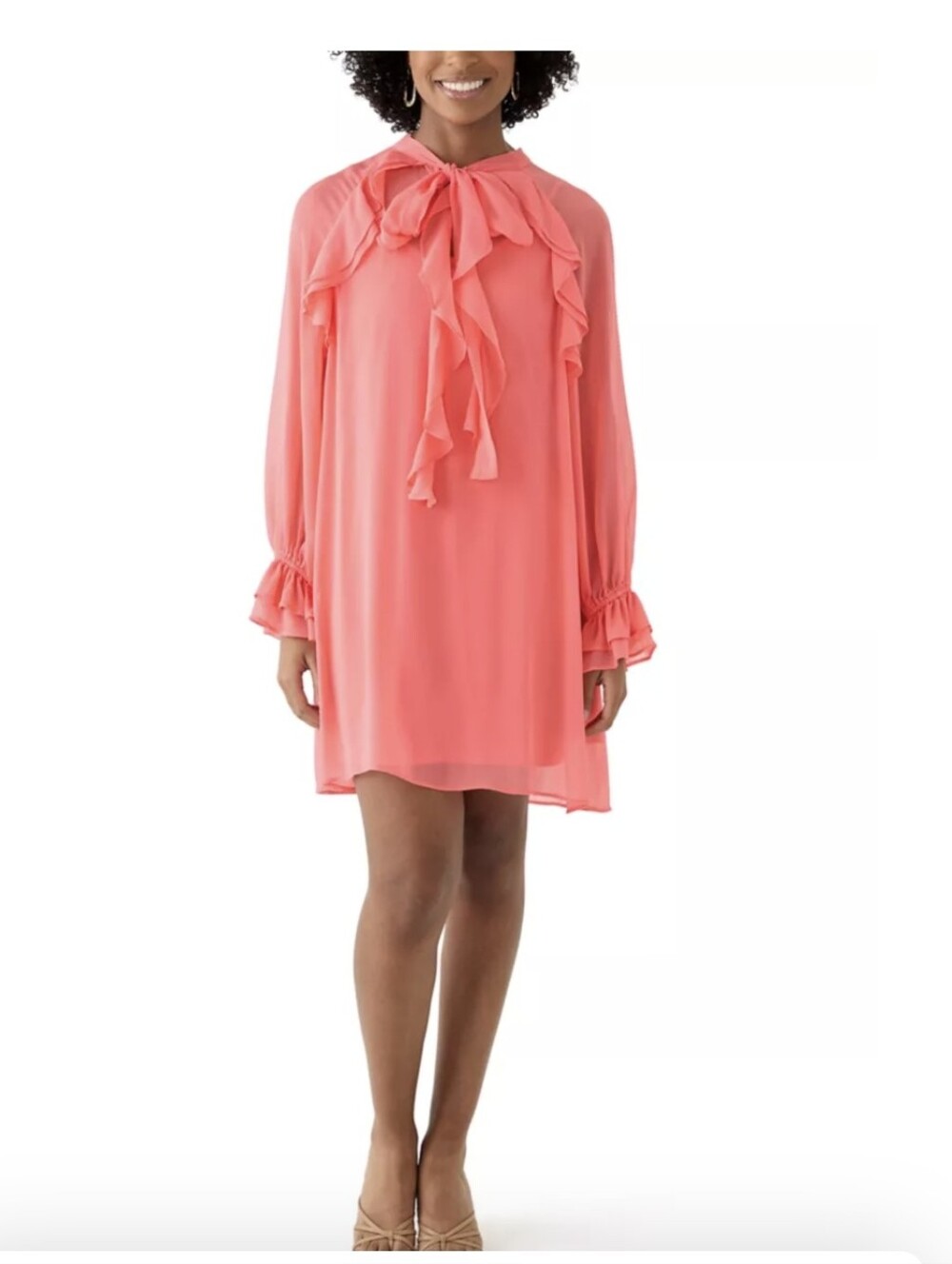 DKNY Women's Long Sleeve Tie Neck Ruffle A-Line Dress, size 8